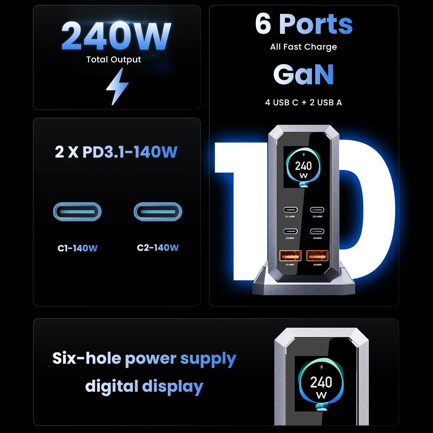 240W GaN 6-Port Fast Charger
